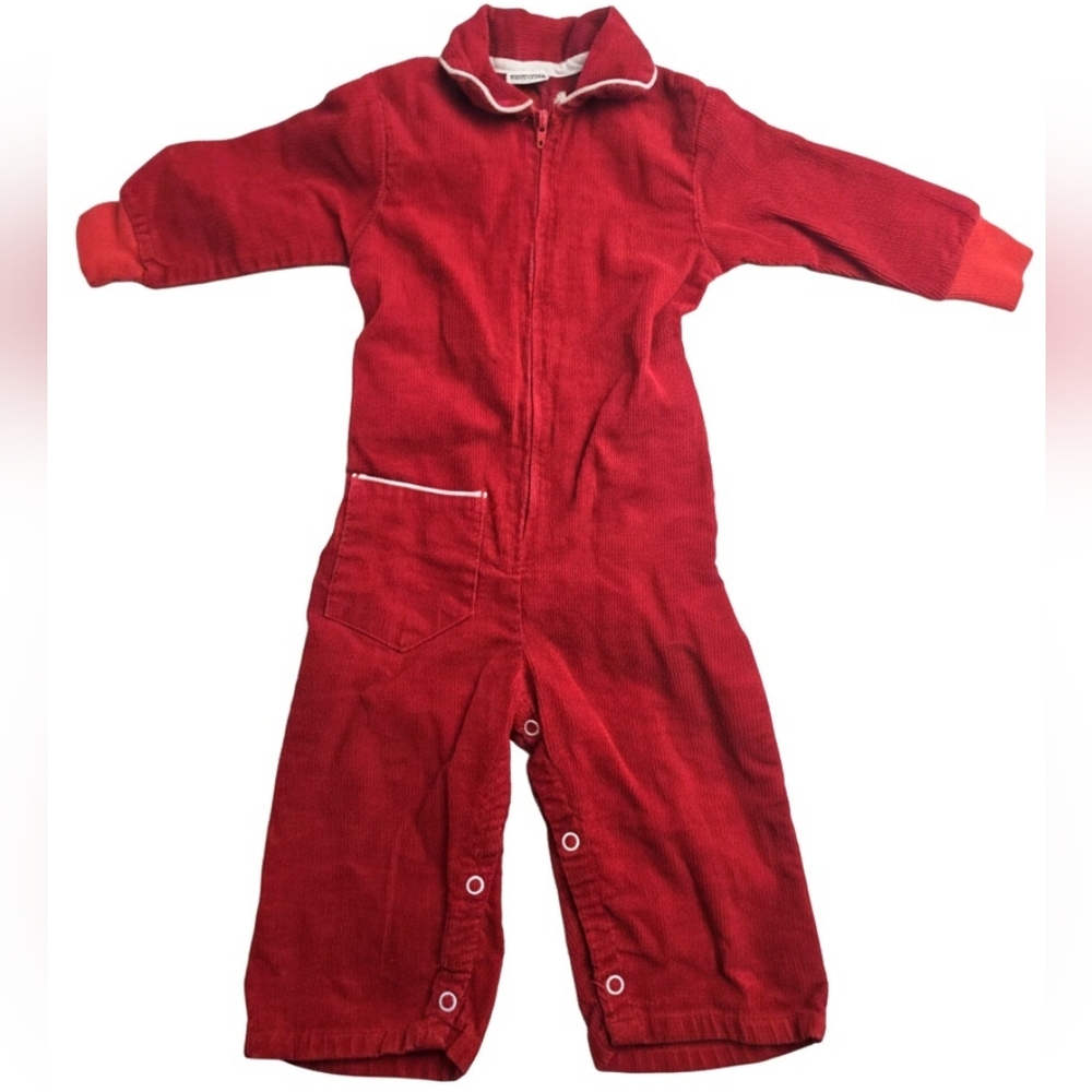 ​VINTAGE 70's Montgomery Ward Red Corduroy Zip Jumpsuit - Size 2T
